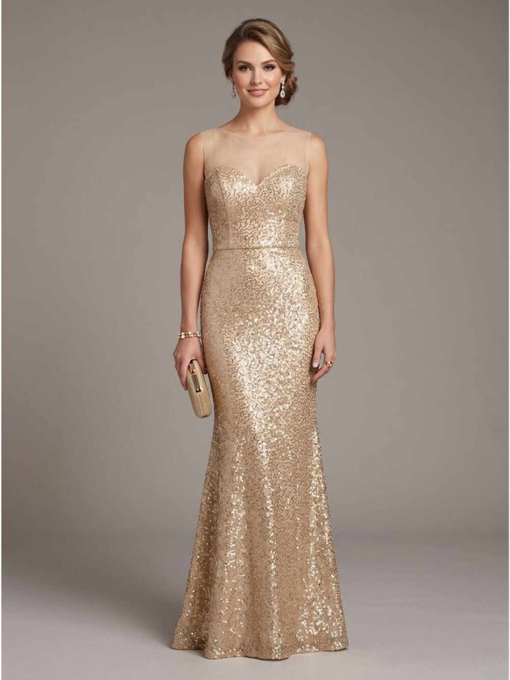 Gold Sequin Gown With Sheer Overlay & Fit-And-Flare Silhouette Sz S